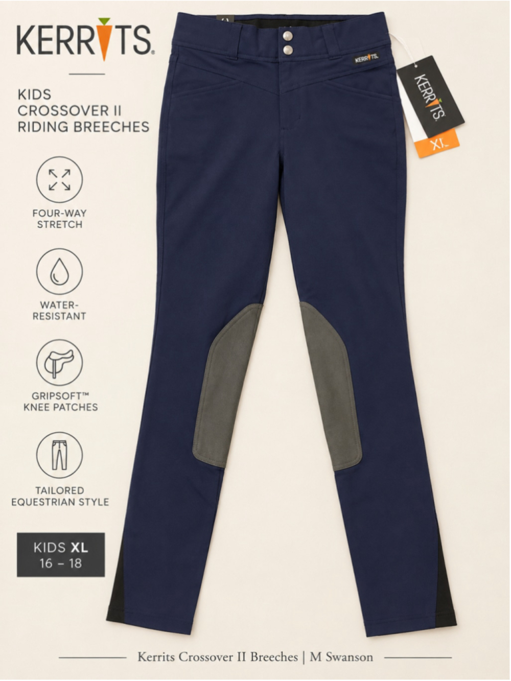 NEW Kerrits Kids Crossover II Knee Patch Riding Breeches Navy XL